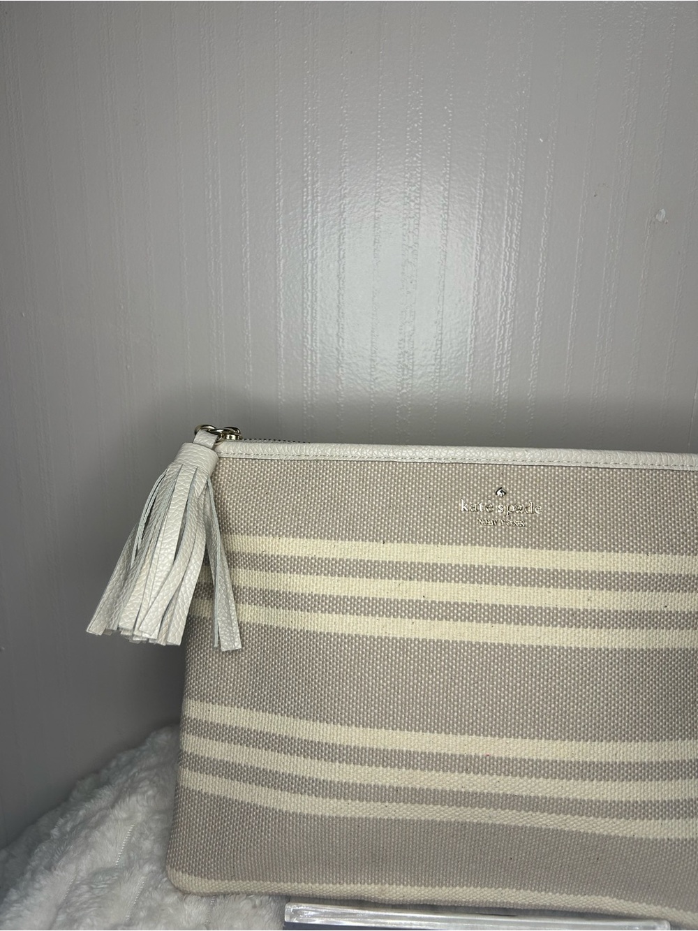 kate spade Neutral Striped Canvas Tassel Pouch in Beige and Cream - Picture 2 of 6